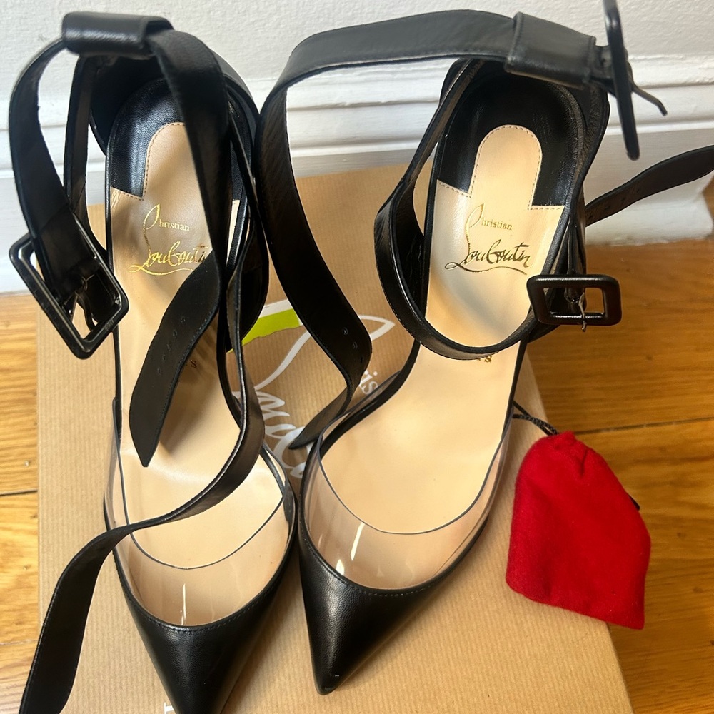 Black louboutin pumps with pvc and ankle straps